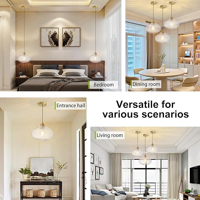 Glass Pendant Lights Kitchen Island, 11'' Brass Gold Pendant Lighting Fixtures, Modern Hanging Ceiling Light with Striped Clear Glass Shade for Farmhouse Dining Room Bedroom Hallway(1 Pack)
