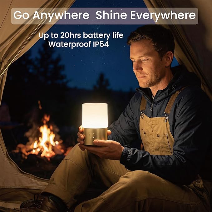 Small Table Lamp - Rechargeable, Portable, 10 Brightness Levels, Auto-Off Timer, Waterproof, Up to 20-Hours,Warm Light for Bedside, Reading, Dining,Travel, Camping & Décor-Brass