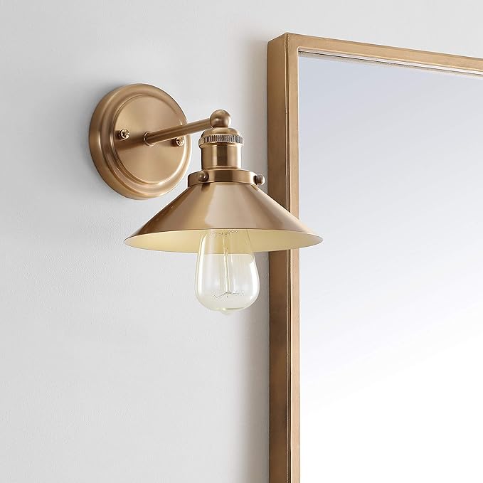 JONATHAN Y 7.8" Brass Gold 1-Light Industrial Farmhouse Metal Vanity Light Wall Sconce, Metal Shade for Bathroom Mirror, Kitchen, Entryway, LED Bulb Included (JYL7429A)