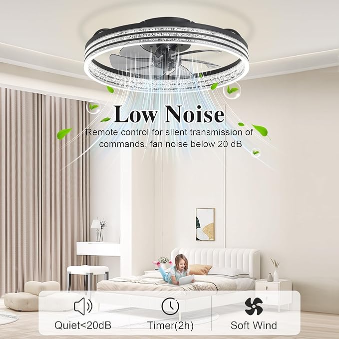 Ceiling Fans with Lights and Remote Fandelier - 20'' Black and White Flush Mount Low Profile Modern Ceiling Fans for Bedroom - Stepless Color Temperature and 6 Speeds