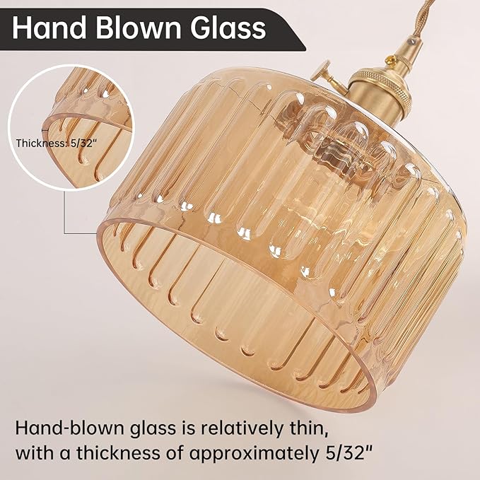 Shenmoyl Pendant Light with Amber Striped Glass Lmapshade, Brass Vintage Pendant Light Adjustable Hanging Light for Kitchen Island Dining Room Hallway