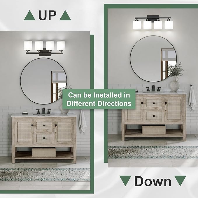Black Bathroom Lighting Fixtures Over Mirror, 4-Light Anti-Rust Vanity Light for Bathroom, 24Inches Modern Wall Sconce, Standard E26 Base, Milky White Glass Shades, Bulbs Not Included