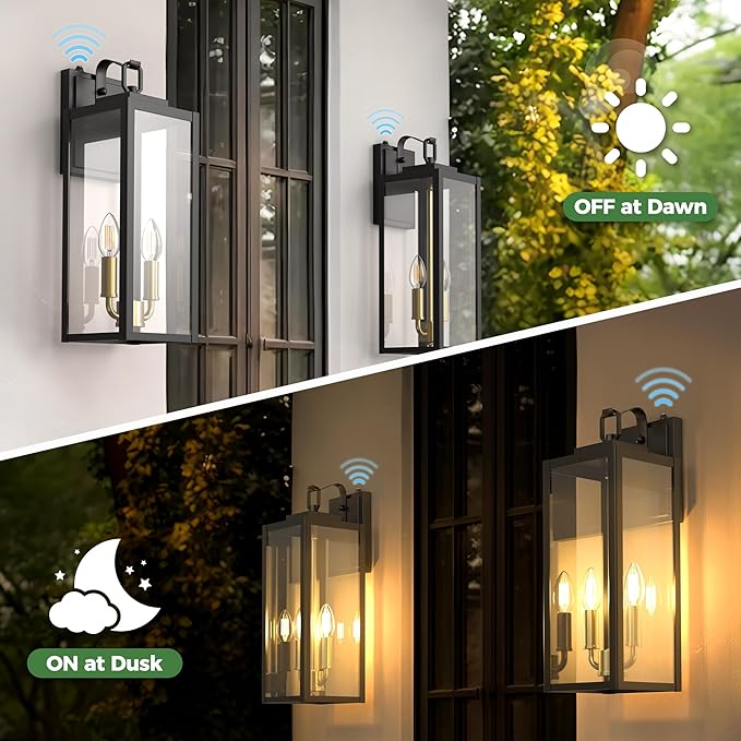 DORESshop 18" Dusk to Dawn Outdoor Wall Lights, 2-Light Black & Gold Outdoor Wall Sconce Lantern with Clear Glass, Tall Transitional Exterior Light Fixtures for Porch, Garage, ETL Listed, 2 Pack