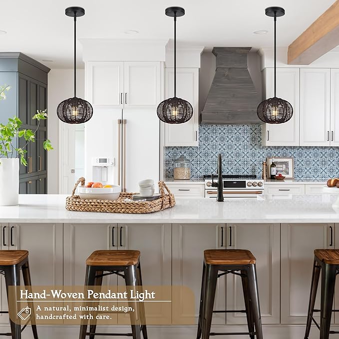Black Mini Rattan Pendant Light Rattan Light Fixture Wicker Chandelier Woven Pendant Light Boho Chandelier for Bedroom Kitchen Island