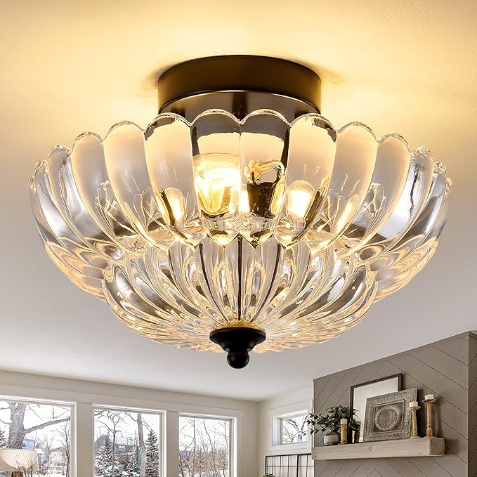 semi Flush Mount Ceiling Light Fixture - 3-Light Vintage Crystal Glass with Black Metal Frame, Modern Close-to-Ceiling Lighting for Bedroom, Kitchen, Living Room or Hallway, e26 Base