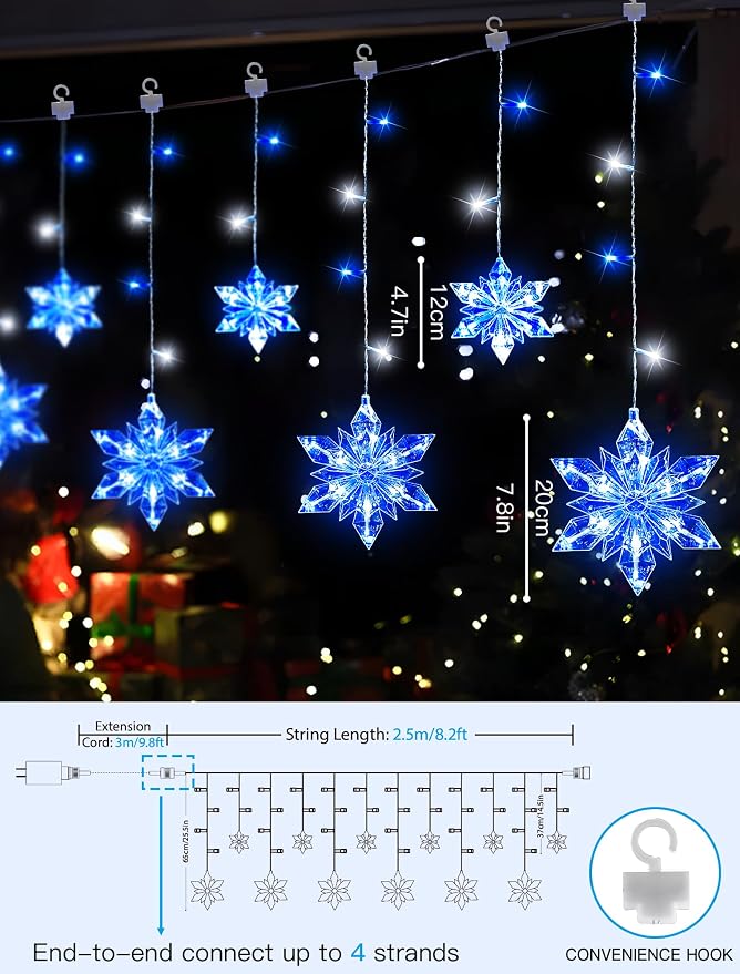 Christmas Snowflake Lights Outdoor,8.2 FT 144 LED Snowflake Icicle Lights with 12 Drops,8 Modes Timer Waterproof Connectable Xmas Light for Eaves,Windows,Curtain,Indoor Outdoor(Blue White)