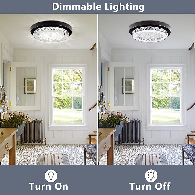 Crystal Flush Mount Ceiling Light Fixture 13 Inch LED Bathroom Ceiling Light Dimmable Black Hallway Light Fixture Round Close to Ceiling Light Small Crystal Chandeliers for Kitchen Launtry 4000K