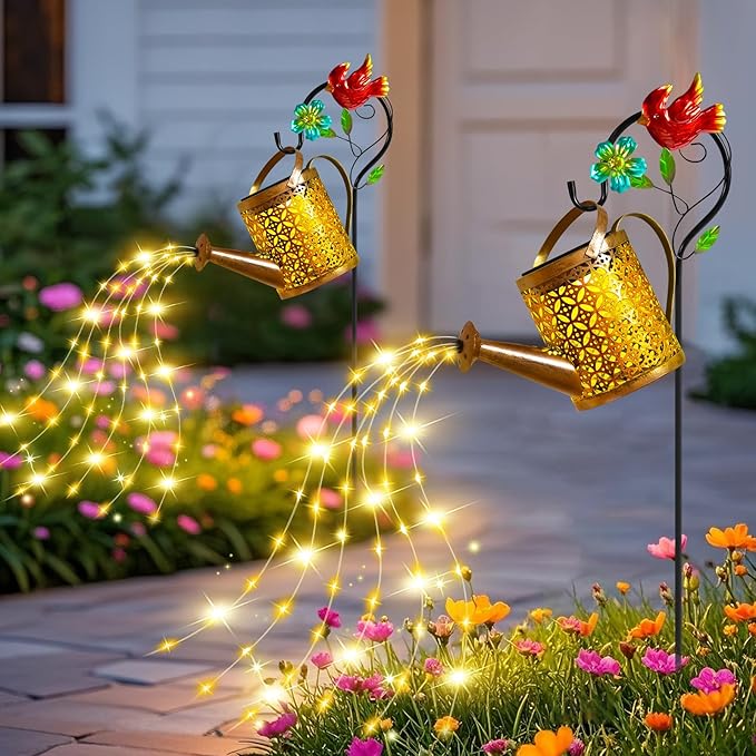Solar Lights Outdoor, Watering Can with Cascading Lights, Watering Can with Hook Solar Lantern, Gardening Decor for Yard Patio, Gardening Gifts for Mom Grandma Women (2 Pack)