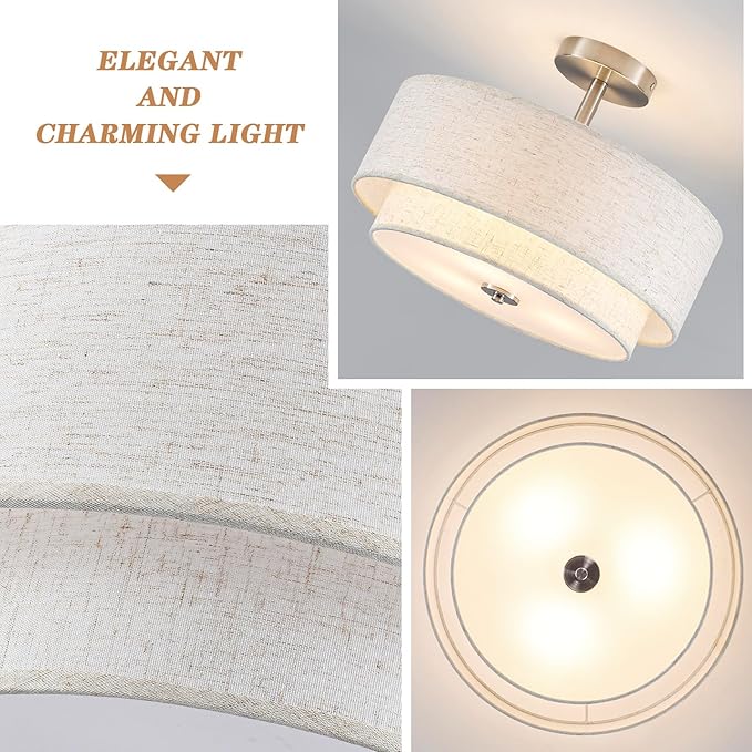 BUXVRCS Semi Flush Mount Ceiling Light Fixture, 3-Light Double Drum Lighting Fixtures with Fabric Shade, 16" Modern Light Fixtures Ceiling Mount Close to Ceiling Light for Bedroom (Brushed Nickel)