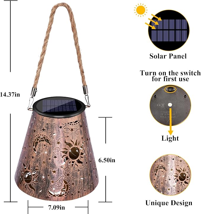 Toodour Solar Lantern Outdoor, Hanging Solar Outdoor Lights Garden Decor, Waterproof Hollow Out Retro Metal Sun & Moon Decorative Lights for Patio, Balcony, Yard, Walkway, Outdoor Decor