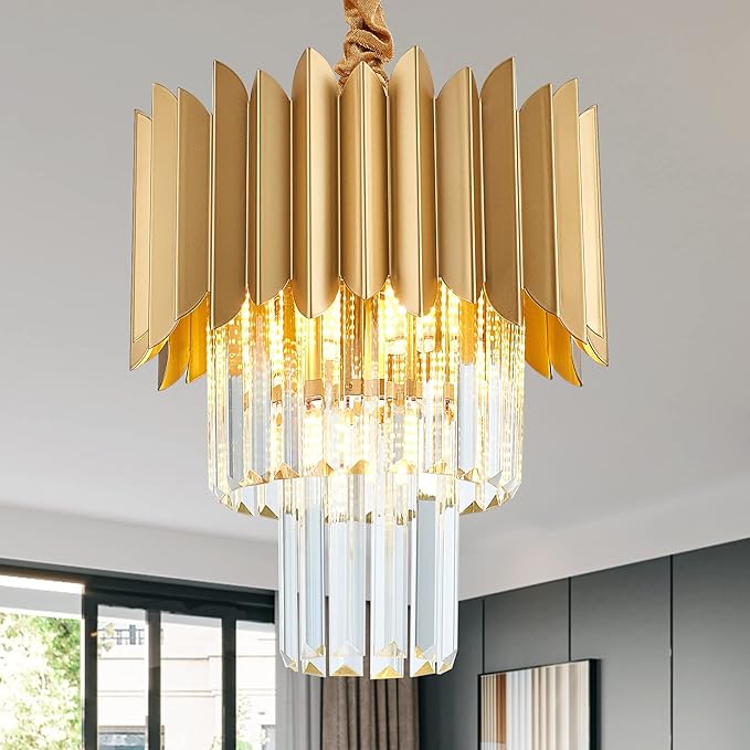 11" Gold Crystal Pendant Light,4-Light 3-Tier Luxury Crystal Pendant Light Perfect for Dining Room, Bedroom, Kitchen, Living Room
