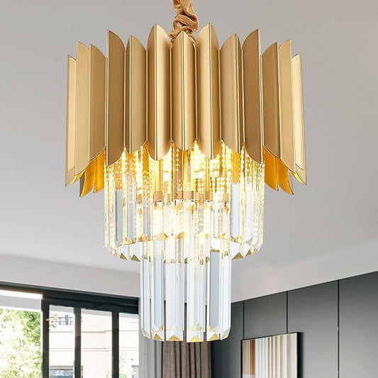 11" Gold Crystal Pendant Light,4-Light 3-Tier Luxury Crystal Pendant Light Perfect for Dining Room, Bedroom, Kitchen, Living Room