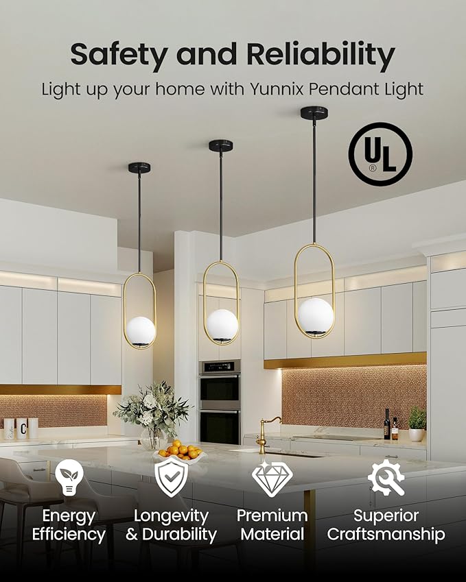 Yunnix Pendant Lights Kitchen Island, Pendant Light Fixtures, 2 Pack Modern Black and Gold Globe Glass Pendant Lighting, Mid Century Chandelier One Light for Bathroom Bedroom Dining Room
