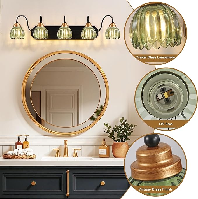 Vintage Bathroom Vanity Light, 5 Light Bathroom Lighting Fixtures Over Mirror, Mid Century Style Farmhouse Light Fixtures with Green Glass Shades, Black Finish Wall Mount for Bedroom , Living Room