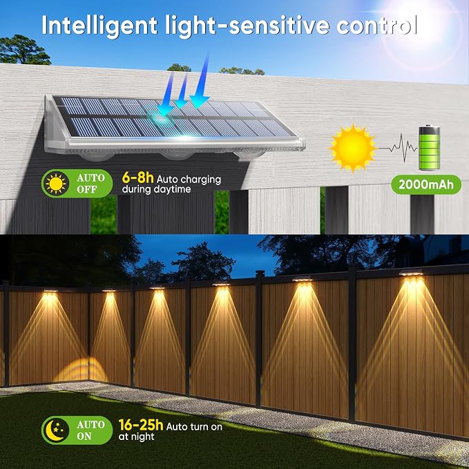 YiLaie Solar Fence Lights Outdoor with IP67 Waterproof, 3 Modes & Dusk to Dawn Auto ON/Off Solar Power Wall Mount Solar Lights for Outside Fence Wall Deck Gate (8 Pack)