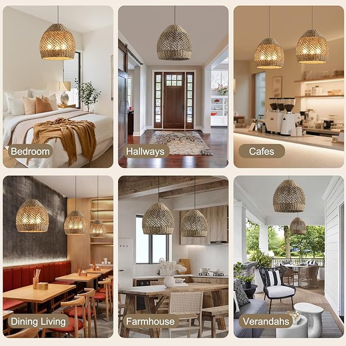 13.39" Rattan Pendant Light,Boho Hand Woven Wicker Hanging Light Natural Grass Rattan Chandelier for Dining Living Bedroom (Sand Black+Rattan)