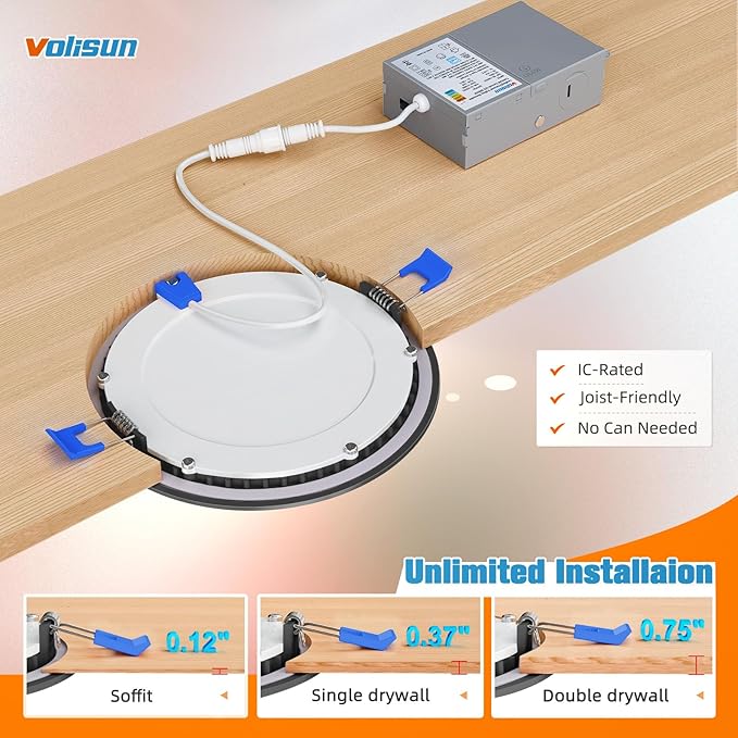 VOLISUN 8 Pack 6 inch Recessed Lighting, 5CCT LED Recessed Light Black, 2700K-5000K Selectable, 13W Eqv 120W, 1080LM Dimmable Canless Wafer Downlight, LED Ceiling Light ETL Certificated