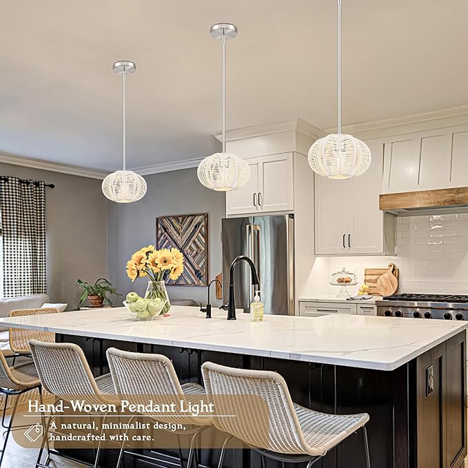 White Mini Rattan Pendant Light Hemp Rope Rattan Light Fixture Woven Pendant Wicker Chandelier Boho Chandelier for Kitchen Island