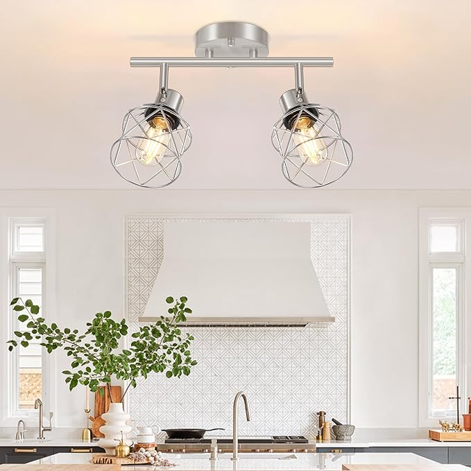2-Light Brushed Nickel Semi Flush Mount Ceiling Light, Hallway Light Fixtures with Metal Wire Cage, Vintage Adjustable Track Spotlight Ceiling Fixtures for Dining Room, Farmhouse, Entryway