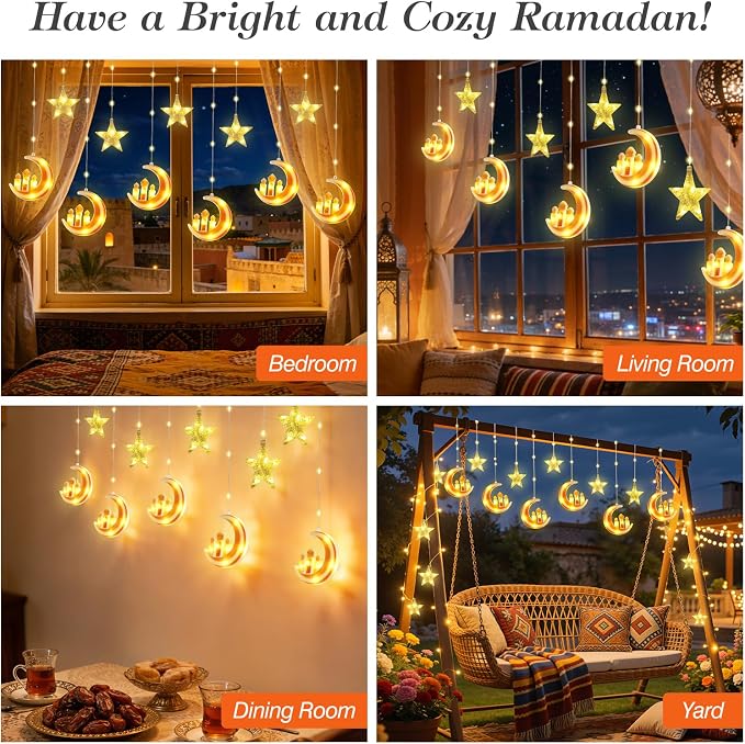 Lewondr Ramadan Curtain String Lights, 138 LED Moon Castle Star Fairy Lights with 6H Timer, 8 Modes, Remote Control, USB Powered Curtain String Light, Eid Mubarak Decorations for Ramadan Home, Orange