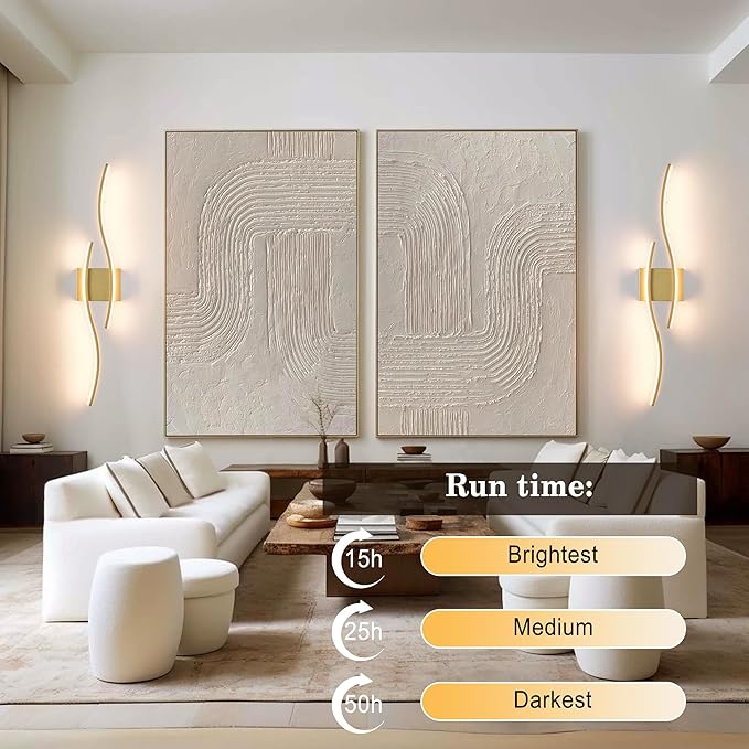KARTOOSH Battery Operated Wall Sconces Set of Two with Remote Control, Dimmable/3 Colors/Night-Light/Timer/Memory, Gold Modern Wireless LED Sconce for Living Room, Hallway, Bedroom, 31.4 Inch (2 Pack)