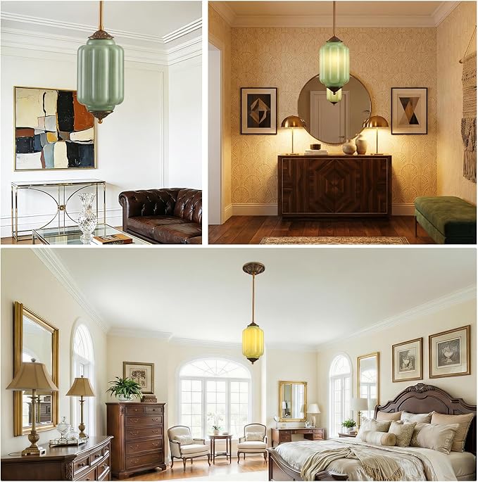 LOUSACE 5.5 in Vintage Milk Glass Ceiling Light Fixture, Antique Green Semi Flush Mount Milk Glass Pendant Light, Farmhouse Ceiling Light for Kitchen Hallway Dining Room Bedroom, LED Bulb Included