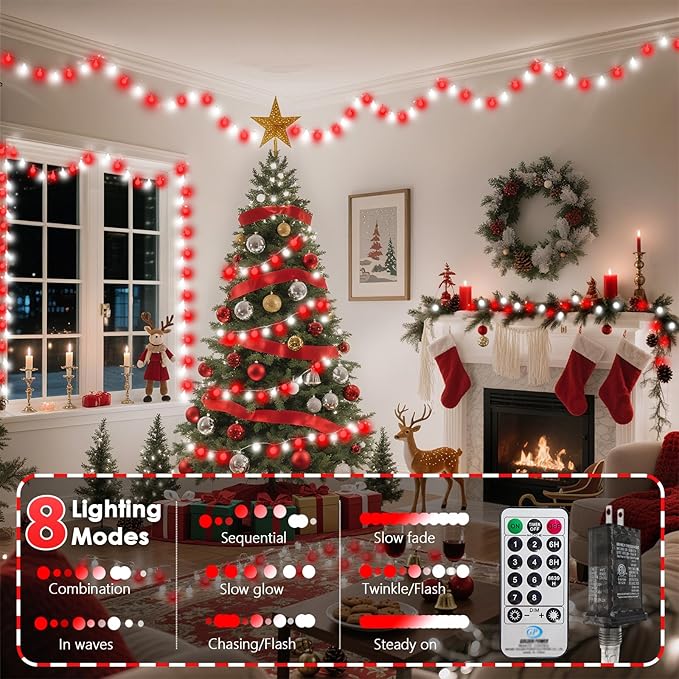 43FT 100LED Connectable Globe String Lights Indoor Outdoor - Red and White Fairy Lights Plug in with Remote & 8 Lighting Modes, Twinkle Light for Bedroom Decorations Girl's Room Classroom Party