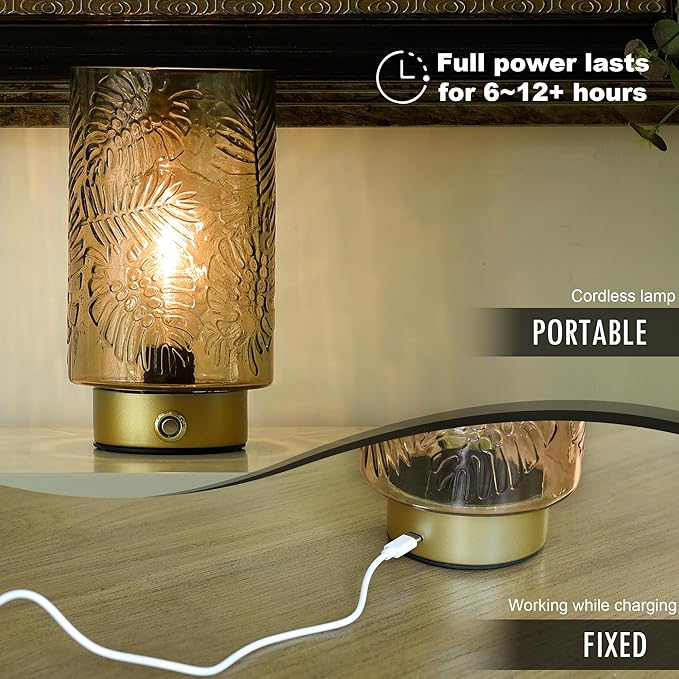ULAROOM Cordless Lamps Rechargeable Battery Operated lamp,Glass Table Lamp Remote Control-Dimmable Brightness Touch Wireless Bedside Lamp for New Home Gift/Bedroom/Kitchen/Living Room Decor Amber