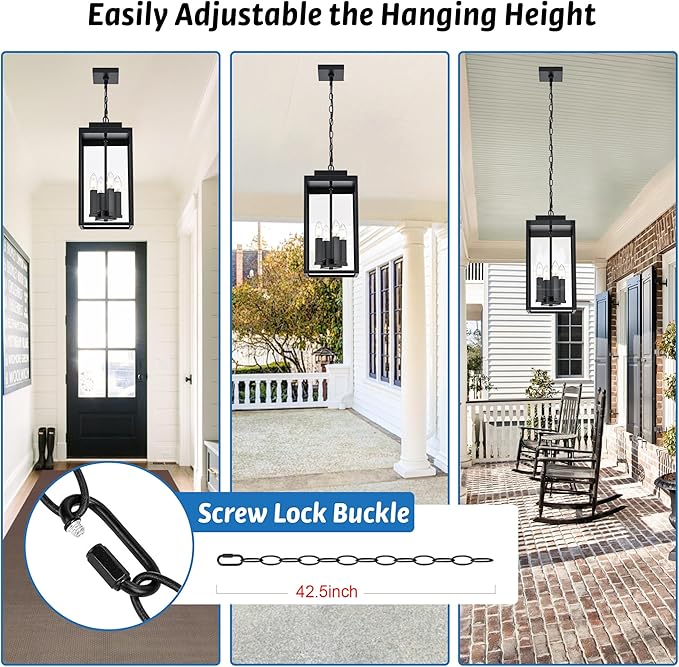 MELUCEE Large Outdoor Pendant Light Fixtures 4-Light, Farmhouse Exterior Hanging Lantern Porch Light, Black Hanging Lamp Ceiling Mount Outdoor Chandelier for Porch Patio Gazebo Entrance