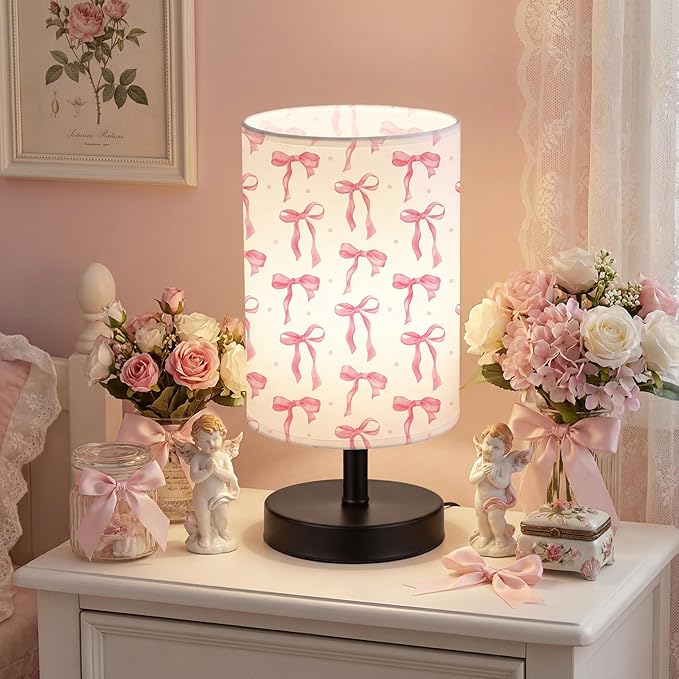 Glooglitter Pink Bow Table Lamp Gifts 3 Colors Dimmable Lights 11.02 x 5.12 Inch Night Light Bedside Lamps Decoration for Bedroom Desk Birthday Gifts for Home Decor