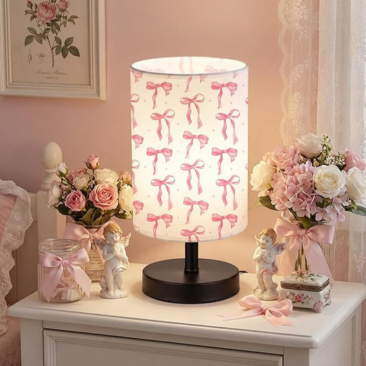 Glooglitter Pink Bow Table Lamp Gifts 3 Colors Dimmable Lights 11.02 x 5.12 Inch Night Light Bedside Lamps Decoration for Bedroom Desk Birthday Gifts for Home Decor
