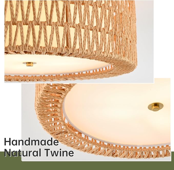 Modern Flush Mount Ceiling Light, 4-Light Boho Rattan Light Fixture Large Gold Ceiling Light Bedroom Light Fixtures for Living Room Dining Room Kitchen Foyer