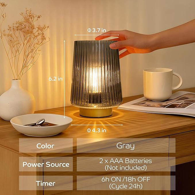 LUSHARBOR Battery Operated Lamp with Timer, Small Cozy Table Lamp for Dorm Room, Aesthetic Cordless Bedside Battery Lamp for Living Room/Shelf/Office Desk/Side Table Grey