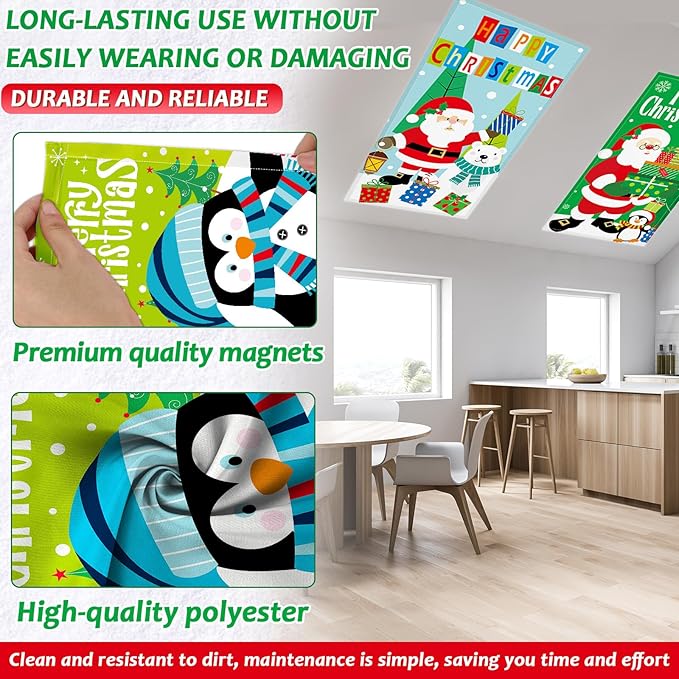 8 Pack Fluorescent Light Covers with 80 Magnets Decorative for Classroom Ceiling Light 4 x 2 Feet Magnetic Light Covers Filter Easy Install for Office School Hospitals Drop Ceiling Supplies(Christmas)