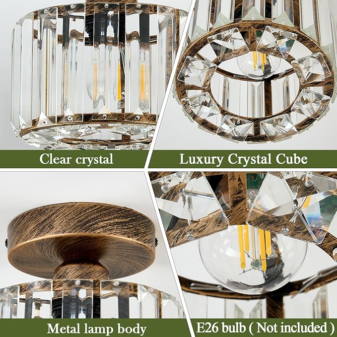 Piepooye 2 Pack Small Crystal Semi Flush Mount Ceiling Light Fixture Modern Bronze Mini Round Chandelier Metal E26 Ceiling Lamp for Hallway Bathroom Entryway Kitchen Closet