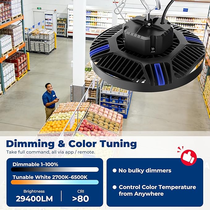 CINOTON Smart UFO LED High Bay Light 210W 29400lm, 2700K-6500K 1-100% Brightness Stepless Dimm Aluminum Shop Lights, ETL Listed Lighting for Garage Workshop, APP/Alexa/Remote Control, 120-277V, 1 Pack