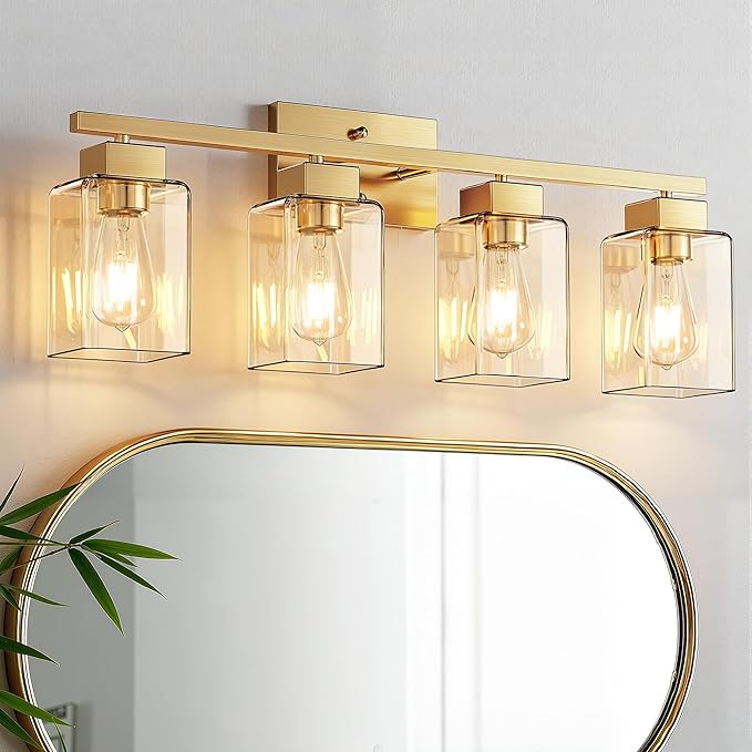 PARTPHONER 4-Light Bathroom Light Fixtures, Brushed Gold Modern Vanity Lights, Bathroom Lighting Fixtures Over Mirror, Square Design Farmhouse Wall Sconces with Clear Glass Shades