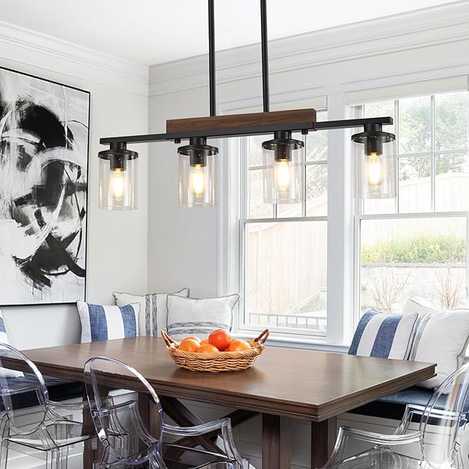 29.3'' Kitchen Island Light Fixtures, 4-Light Dining Room Light Fixture Chandelier Over Table, Black Modern Rustic Wood Ceiling Pendant Light Fixtures, with Clear Glass Shade, Farmhouse Chandelier