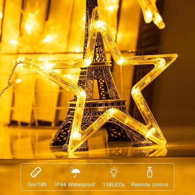 Fussion Star and Moon Ramadan Lights 11.48ft, 138 LEDs Ramadan Curtain String Lights Decorations for Home with Remote, 8 Modes, Battery Operated Fairy Lights Window Lights for Indoor Outdoor Holiday