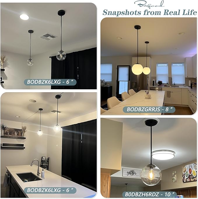 Bagood 10 Inch Globe Pendant Light Contemporary Globe Pendant Lights Black Mid Century Pendant Light Adjustable Hanging Light Fixture Matte Black Finished with Milk Glass Lampshade for Kitchen Island