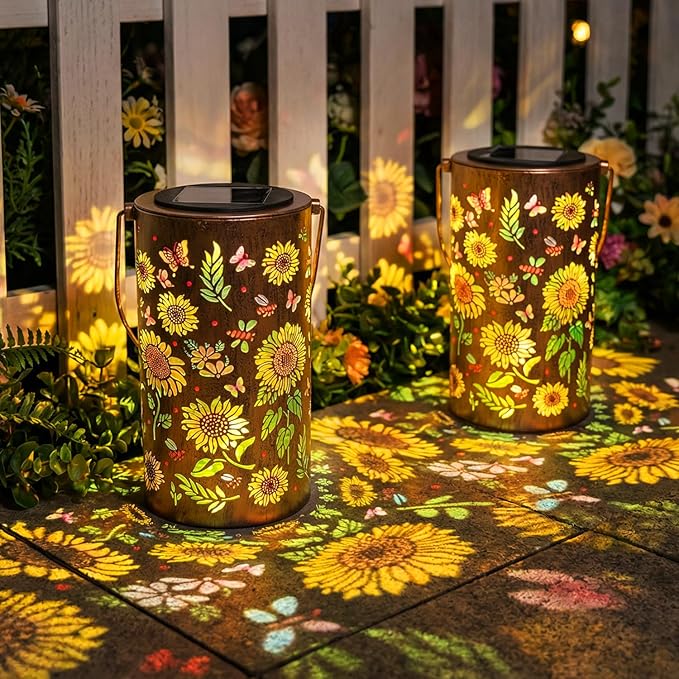 2Pack Colorful Solar Lanterns Outdoor Waterproof, Garden Decor Gifts for Women Mom Grandma - LED Colorful Sunflower Solar Powered Lights Metal Hanging Lantern for Outside Garden Patio Yard Lawn Porch