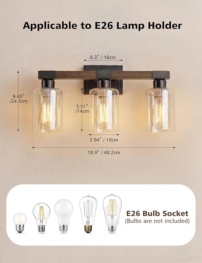 VOLISUN Farmhouse Bathroom Light Fixtures, 3 Light Bathroom Vanity Lights Over Mirror, Rustic Vanity Light for Bathrooms,Wood Bathrooms Lights Fixtures Over Mirror-UL Certificated