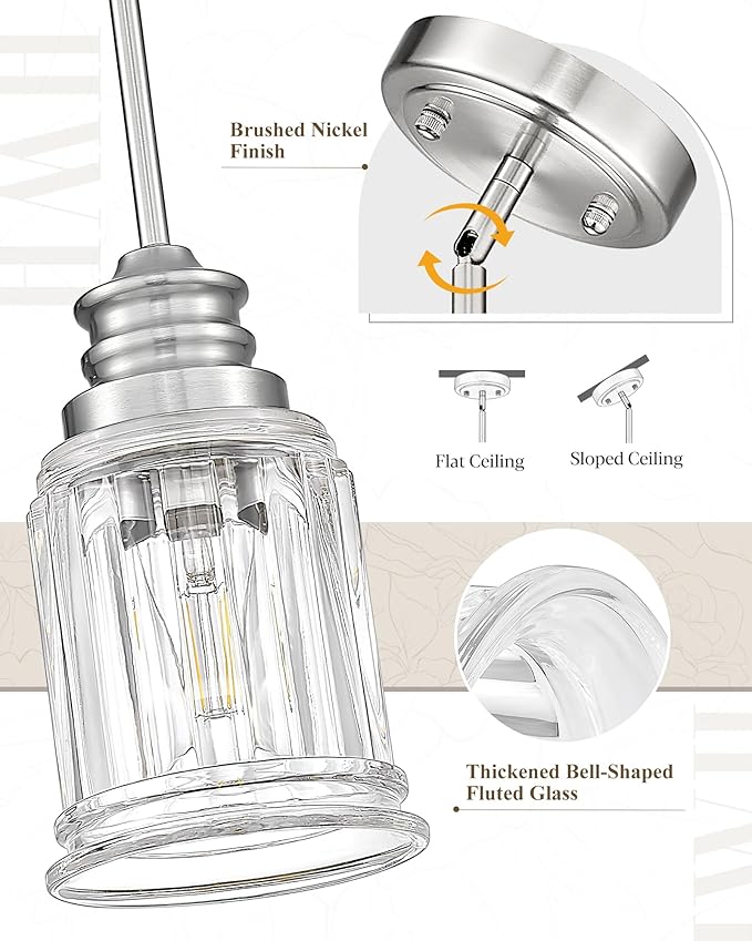 2 Packs Farmhouse Pendant Light Fixtures, HWH 1-Light Hanging Lighting, Kitchen Pendant Lighting Over Island, Brushed Nickel and Bell-Shaped Fluted Clear Glass, 5HZG106MIL-2L BN
