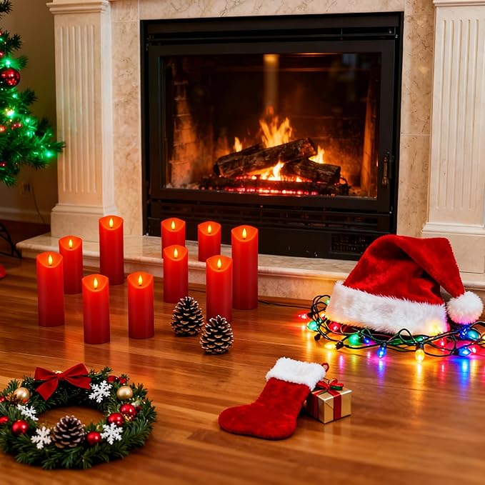 fclayvts 24 Pack Red LED Candles with Remote & Timer - Flameless Pillar Candles with 3D Flickering Flame, Battery Operated for Christmas Tree, Table Centerpieces, Party Decor