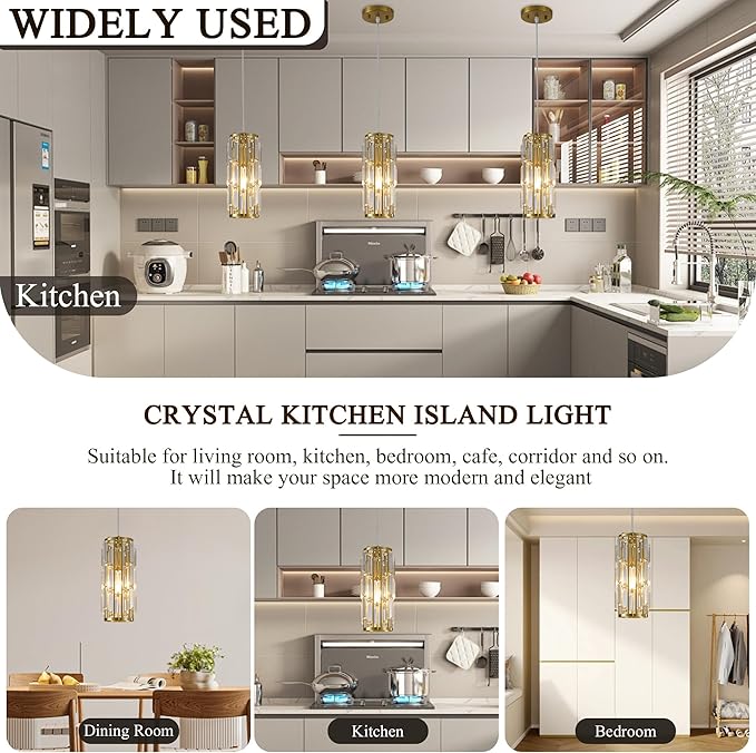 Pendant Lights Modern Gold Pendant Light, Mini Crystal Pendant lamp, Adjustable Pendant Lighting for Kitchen, Dining Room, and Bedroom (Gold Pack of 3)