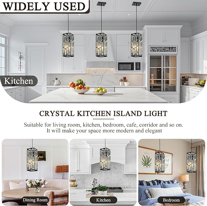 Black Hanging Kitchen Island Modern Concise Crystal Pendant Light Fixture, Adjustable Mini Crystal Pendant Lights Kitchen Island for Kitchen, Dining Room, and Bedroom (3 Pack)