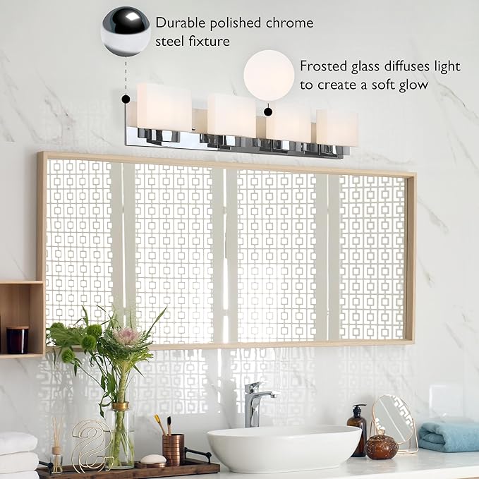 Design House Dove Creek Bathroom Light Fixtures - Traditional 4-Light Vanity Lights for Bathroom - Dimmable Vanity Lights with Frosted Glass – Polished Chrome – Design House, 589671
