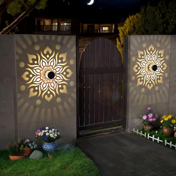 4 Pack Solar Fence Lights Metal Solar Powered Outdoor Wall Deck Step Lights Mandala Theme Waterproof Fence Light for Garden Post Patio Backyard Yard Decor, Gardening Gifts for Women Mom Grandma