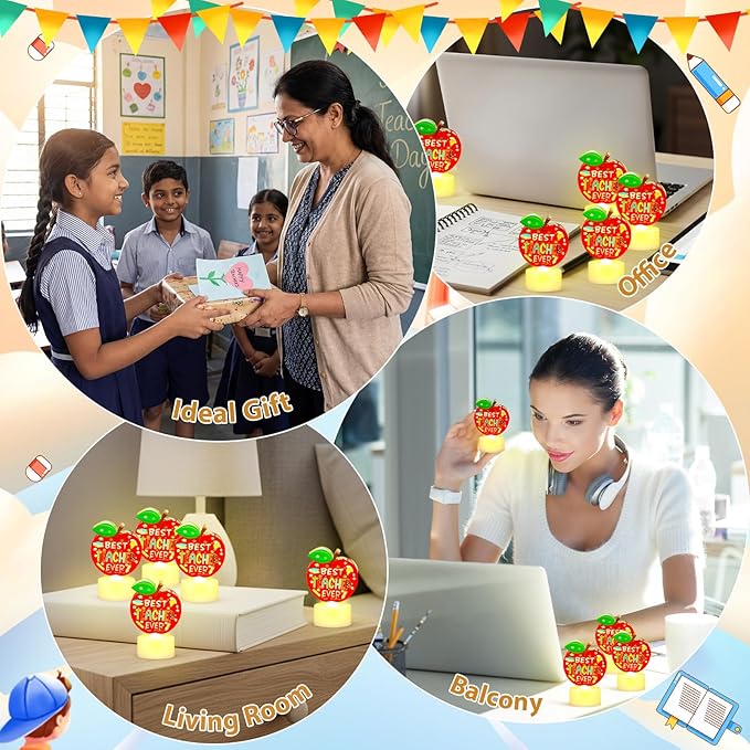 Handepo 15 Pcs Teachers Appreciation Tea Lights Gift Best Teacher Ever Flameless Candle Apple Shaped LED Battery Operated Office Table Decor for Thank You Teachers Women Men Tutor Back to School