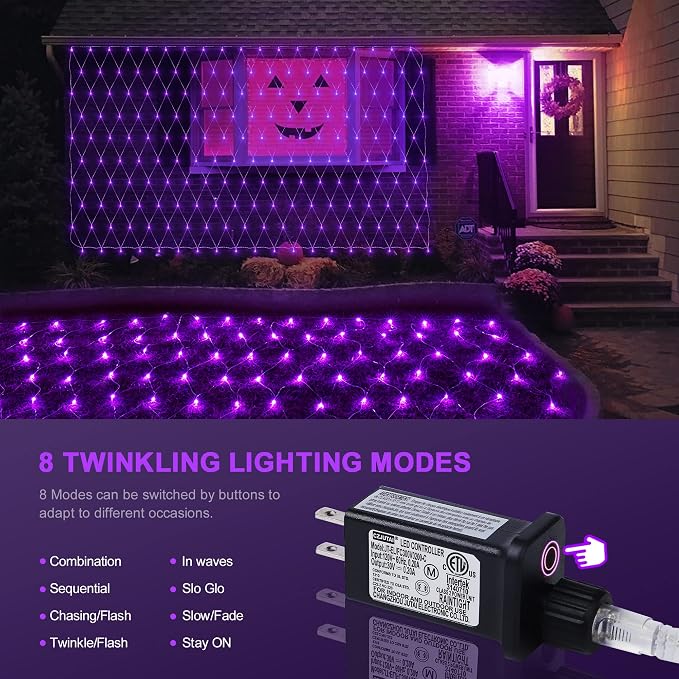 woohaha Outdoor Halloween Net Lights, 9.8FTx6.6FT 192 LED Plug-in Mesh Lights with 8 Lighting Modes, Connectable Light for Bush Halloween Christmas Garden Tree Holiday Wedding Party Decor, Purple